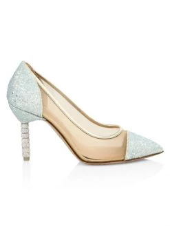 Sophia Webster Jasmine Embellished-Heel Glitter Leather & Mesh Pumps